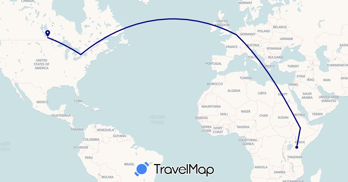TravelMap itinerary: driving in Belgium, Canada, Ethiopia, Kenya (Africa, Europe, North America)